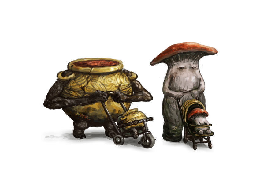 4others artist_name black_eyes child dark_souls_(series) dark_souls_i elden_ring full_body highres jar living_jar_(elden_ring) m_snail multiple_others mushroom mushroom_child mushroom_parent no_mouth other_focus parent_and_child signature simple_background sitting standing stroller tricycle white_background