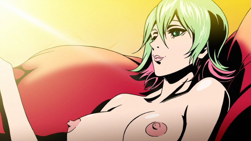 1girl anime_screenshot breasts couch female_focus green_eyes green_hair highres lips matching_hair/eyes multicolored_hair nipples pink_hair redline solo sonoshee_mclaren topfreedom topless_female