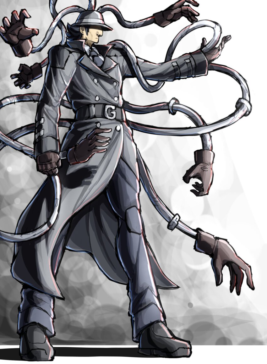 1boy absurdres arm_up belt black_background black_belt black_footwear black_hair breasts brown_gloves clenched_hand coat collared_shirt commentary covered_eyes english_commentary expressionless fedora full_body gadget gloves grey_coat grey_necktie hado_(zzzhadozzz) hat highres inspector_gadget looking_to_the_side male_focus mechanical_arms mechanical_legs medium_breasts necktie nose obscured_eyes shirt solo standing trench_coat two-tone_background white_background white_shirt