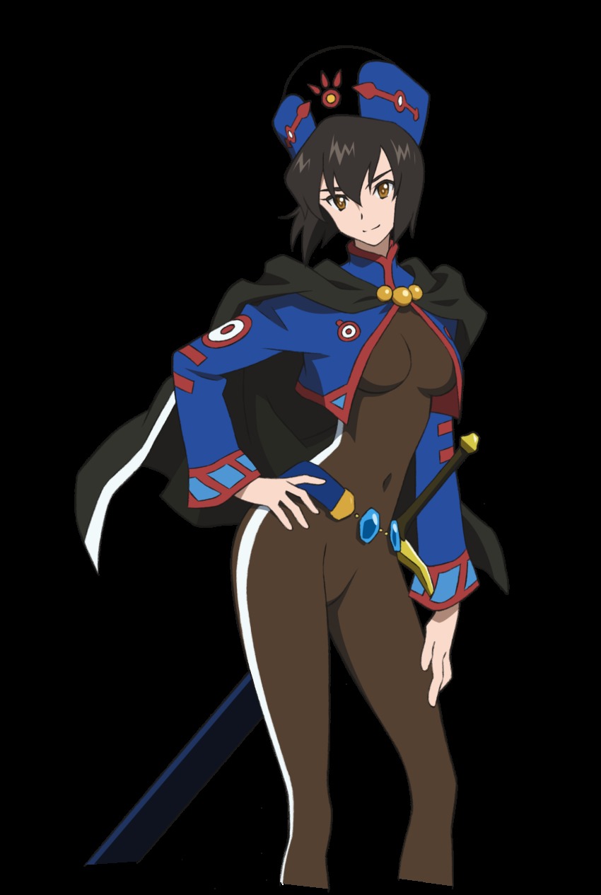 1girl absurdres anime_coloring black_hair bodysuit capelet chloe_valens covered_navel cropped_legs female_focus hand_on_own_hip hat highres jacket long_sleeves nakazawa_kazuto official_art short_hair smile solo sword tales_of_(series) tales_of_legendia transparent_background weapon yellow_eyes