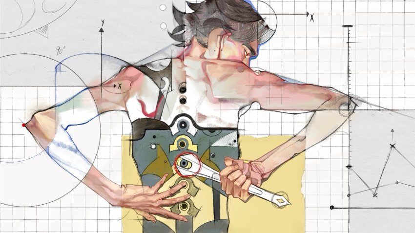 1boy arcane:_league_of_legends backpack bag brown_hair cyborg from_behind highres holding holding_wrench league_of_legends male_focus mechanical_spine short_hair solo viktor_(arcane) viktor_(league_of_legends) wamangguo wrench