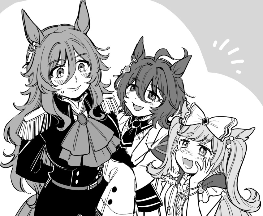 3girls :d agnes_digital_(umamusume) agnes_tachyon_(umamusume) ahoge arm_behind_back ascot blush bow bracelet breasts buttons chemical_structure collared_shirt double-breasted ear_ornament epaulettes fringe_trim greyscale hair_between_eyes hair_bow hands_on_own_face height_difference holding_another&#039;s_arm jacket jewelry lab_coat long_hair looking_at_another lovestruck military_jacket monochrome multiple_girls necktie open_mouth perry_steam_(umamusume) shirt short_necktie sleeves_past_fingers sleeves_past_wrists small_sweatdrop smile sweater two_side_up umamusume upper_body yokuko_zaza