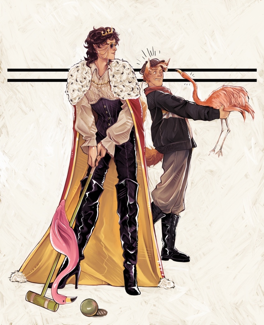 1boy 1other alarmed animal animal_ears ball bandana beard_stubble bird black_footwear black_jacket black_pants boots brown_corset brown_hair cape collared_shirt corset croquet crown dream_smp earrings eret_(youtuber) ermine eyewear_strap facial_hair flamingo fox_boy fox_ears fox_tail frilled_sleeves frills fundy_(youtuber) fur-trimmed_cape fur_trim gold_crown gold_earrings grey_pants hatching_(texture) high_heel_boots high_heels highres holding holding_animal holding_bird jacket jewelry long_sleeves mallet medium_hair minecraft_youtube orange_hair pants pointed_crown puffy_long_sleeves puffy_sleeves rectangle red_bandana red_cape routeriver shirt short_hair smile standing stubble sunglasses tail thigh_boots weasel white_background white_shirt yellow_cape