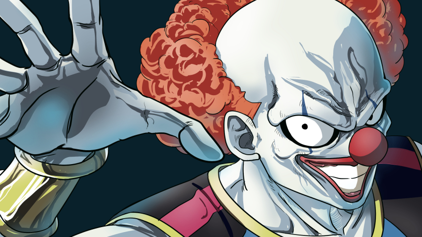10s 1boy bald bracelet clown curly_hair dragon_ball dragon_ball_super facial_mark greymon_(nodoame1215) highres jewelry lipstick makeup male_focus orange_hair portrait smile solo teeth vermoud