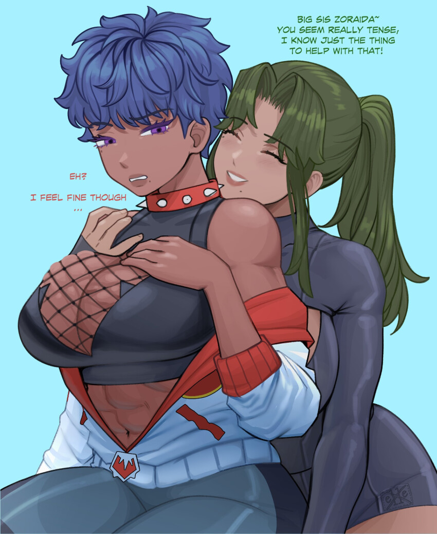 2girls abs blue_hair borrowed_character breasts commentary dark-skinned_female dark_skin e11e english_commentary english_text gift_art green_hair highres large_breasts long_hair mole mole_under_eye mole_under_mouth multiple_girls nintendo original pixie_cut pokemon pokemon_sv ponytail purple_eyes short_hair sidelocks tomboy very_dark_skin violet_(e11e) yuri zoraida_(nyantcha)