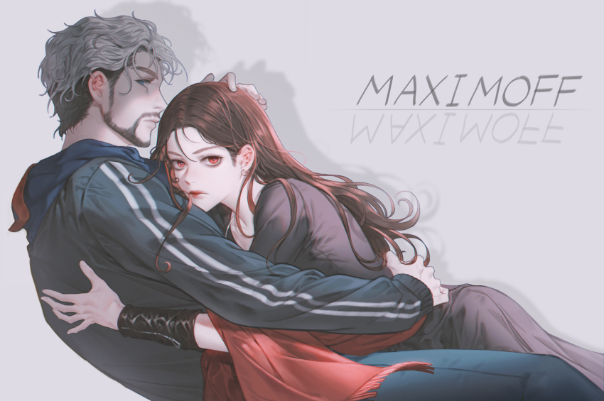 1boy 1girl arm_warmers avengers:_age_of_ultron avengers_(series) black_dress black_hair black_jacket blue_eyes blue_hoodie blue_pants brother_and_sister brown_hair closed_mouth commentary_request denim dress facial_hair fingernails grey_hair hair_between_eyes hand_on_own_head highres hood hoodie hug jacket korean_commentary lips long_hair long_sleeves looking_at_viewer marvel marvel_cinematic_universe multicolored_hair open_clothes open_jacket pants pietro_maximoff poboong123 red_eyes red_jacket scarlet_witch shadow short_hair siblings simple_background striped_sleeves two-tone_hair wanda_maximoff white_background zipper