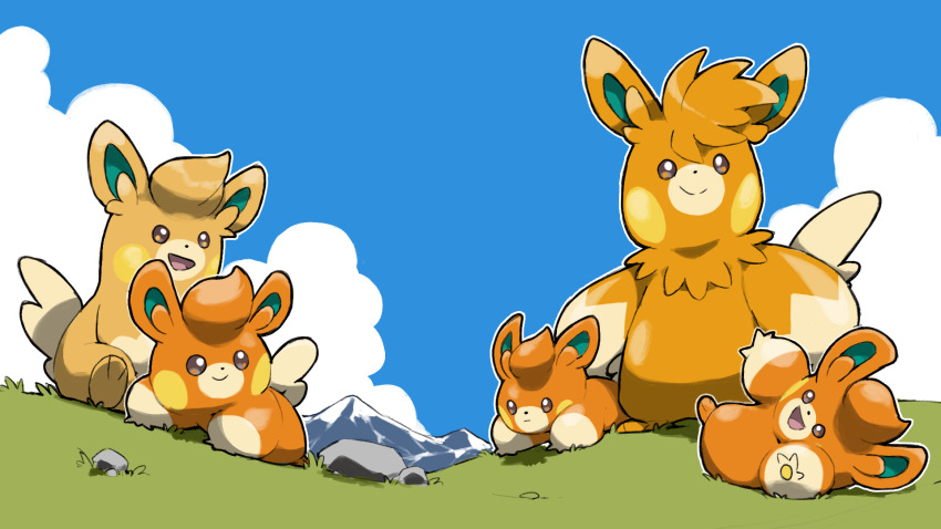 :d animal_focus blacknirrow blue_sky closed_mouth cloud day dot_nose evolutionary_line grass highres mountain nintendo no_humans open_mouth outdoors outline pawmi pawmo pawmot pokemon pokemon_(creature) pokemon_focus rock sky smile white_outline