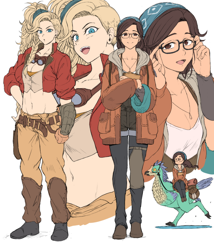2girls adjusting_eyewear aiue_oka alma_(monster_hunter_wilds) asymmetrical_bangs asymmetrical_hair bandana belt black_pants black_shoes black_shorts blonde_hair blue_bandana blue_eyes braid breasts brown_belt brown_eyes brown_hair brown_shoes chibi cleavage closed_mouth coat commentary cropped_jacket cropped_shirt full_body gemma_(monster_hunter_wilds) glasses gloves goggles goggles_around_neck grey_shirt hand_on_own_hip high-waist_shorts highres hood hooded_coat jacket jewelry knee_pads long_hair looking_at_viewer medium_breasts monster_hunter_(series) monster_hunter_wilds multiple_girls multiple_views navel necklace open_clothes open_jacket open_mouth orange_coat orange_gloves orange_pants orange_tube_top pants pants_under_shorts parted_bangs parted_lips pendant ponytail red_jacket riding riding_animal seikret_(monster_hunter) semi-rimless_eyewear shirt shoes short_shorts shorts side_braid simple_background single_bracer single_glove single_knee_pad single_sidelock smile standing stomach strapless tube_top white_background white_shirt