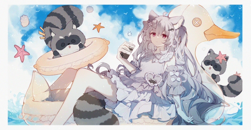 1girl ahoge animal animal_ears bad_id bad_pixiv_id bare_shoulders bow commission dress drinking grey_dress grey_hair hair_ornament hairclip highres innertube leopard_tail leopon_(animal) long_hair looking_at_viewer ocean original pixiv_commission qianqianjie red_eyes swim_ring tail virtual_youtuber
