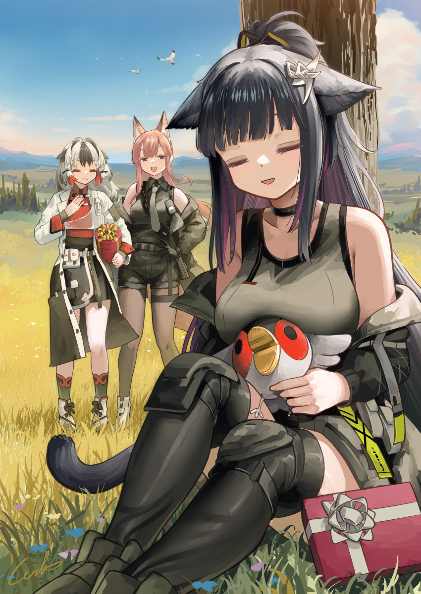 3girls absurdres animal_ears arknights black_hair black_shorts black_thighhighs box cat_ears cat_girl cat_tail closed_eyes coat colored_inner_hair commentary day franka_(arknights) gift gift_box grass highres jessica_(arknights) jessica_the_liberated_(arknights) knee_pads long_hair multicolored_hair multiple_girls on_grass open_clothes open_coat open_mouth outdoors purple_hair shorts signature sitting snowsant_(arknights) tail thighhighs two-tone_hair welt_(kinsei_koutenkyoku)