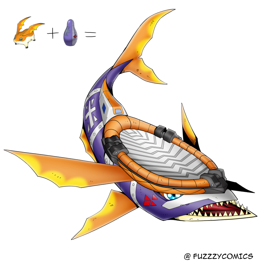 armor blue_eyes crests_(digimon) digimental digimental_of_sincerity digimon digimon_(creature) fish fuzzzycomics highres oridigi original patamon remora twitter_username