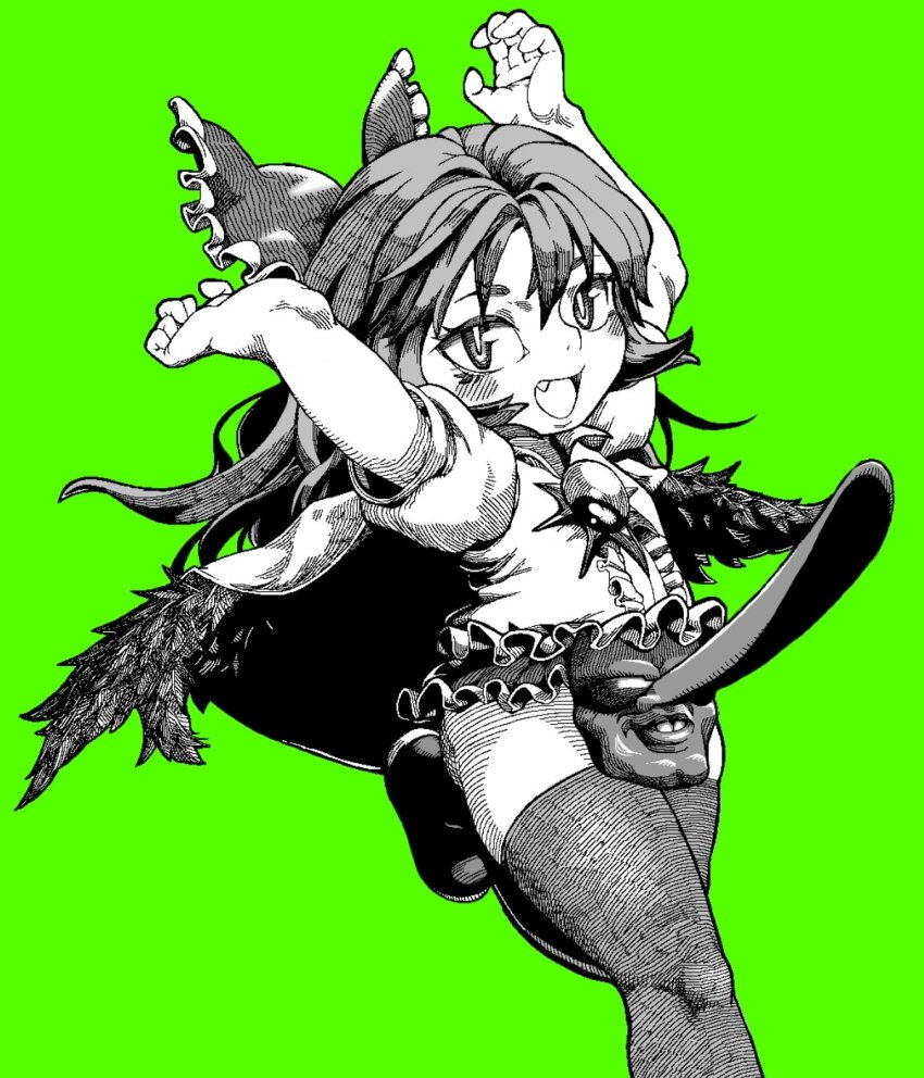1girl :d arms_up bird_wings blush bow cape collared_shirt commentary_request cookie_(touhou) fang flat_chest foot_out_of_frame frilled_bow frilled_skirt frills green_background greyscale_with_colored_background hair_bow highres long_hair looking_at_viewer manatsu_no_yo_no_inmu mask miniskirt nadeko_(cookie) open_mouth puffy_short_sleeves puffy_sleeves reiuji_utsuho running shirt shoes short_sleeves simple_background skirt smile solo takuya_(acceed) tengu_mask thighhighs third_eye tonchamon_san touhou wings