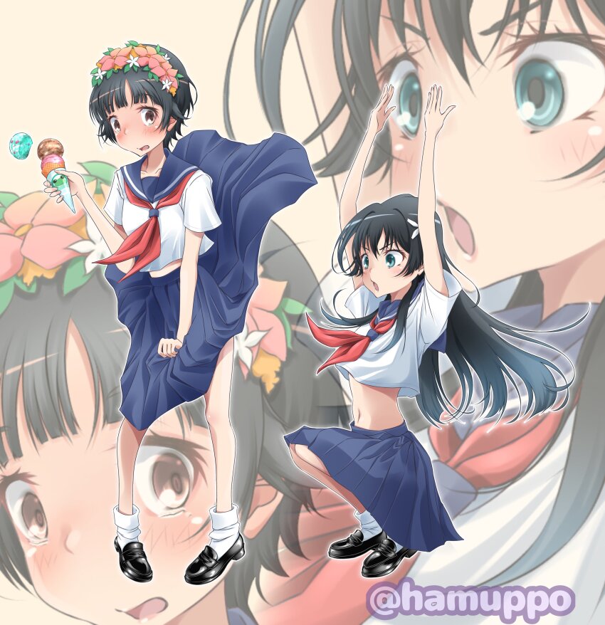 2girls absurdres black_hair black_shoes blue_eyes blue_skirt brown_eyes clothes_lift commentary_request flower flower_wreath food full_body hair_flower hair_ornament hamuppo head_wreath highres holding holding_food holding_ice_cream ice_cream long_hair multiple_girls navel neckerchief red_neckerchief sakugawa_school_uniform saten_ruiko school_uniform serafuku shoes short_hair skirt skirt_lift socks squatting standing toaru_kagaku_no_railgun toaru_majutsu_no_index uiharu_kazari white_socks zoom_layer