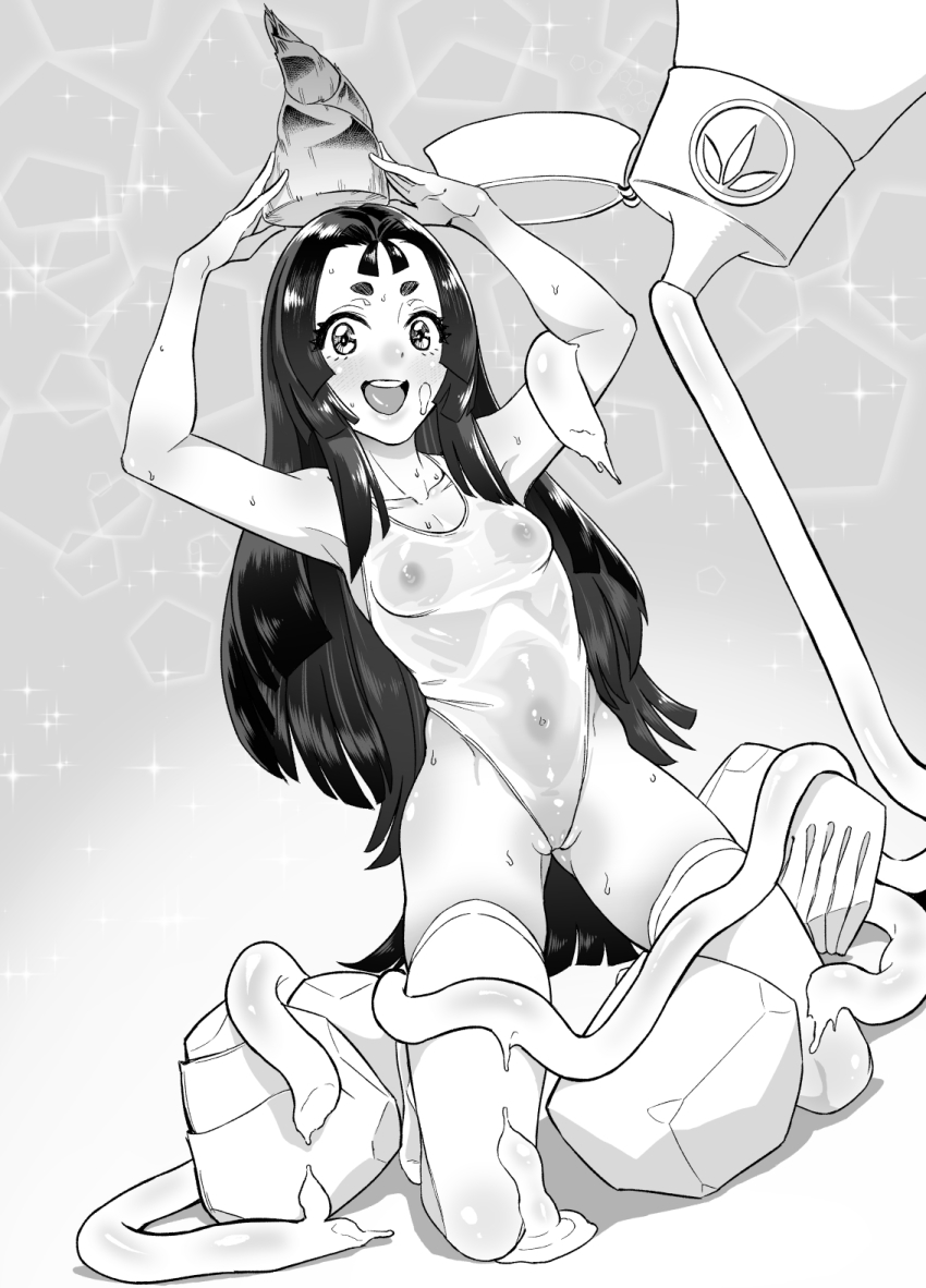 ahorobo armpits arms_up blush collarbone covered_erect_nipples covered_navel full_body greyscale hat highres kaguya_hime kneeling leotard long_hair monochrome open_mouth original see-through_clothes short_eyebrows smile solo sparkle sweat swimsuit tagme taketori_monogatari teeth thick_eyebrows thighhighs tongue upper_teeth_only very_long_hair