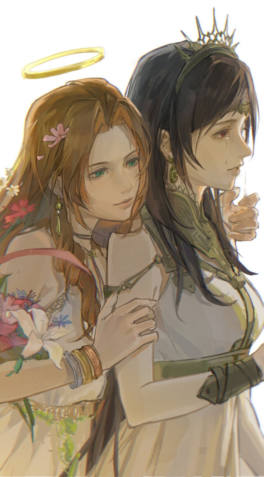 2girls aerith_gainsborough aerith_gainsborough_(white_floral_dress) bangle black_hair blue_flower bracelet bracer breasts brown_hair circlet crown dress earrings eunice_91555 final_fantasy final_fantasy_vii final_fantasy_vii_rebirth final_fantasy_vii_remake flower gold_trim green_eyes hair_flower hair_ornament halo hand_on_another&#039;s_arm harness highres jewelry lily_(flower) medium_breasts multiple_girls official_alternate_costume parted_bangs parted_lips pink_flower red_eyes sidelocks sleeveless sleeveless_dress swept_bangs tears tifa_lockhart tifa_lockhart_(loveless_dress) upper_body white_background white_dress white_flower yuri