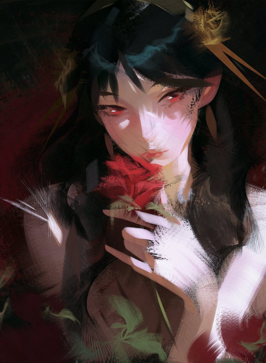 1girl absurdres bare_shoulders black_hair blush closed_mouth dark_background flower gold_hairband gold_headwear hair_ornament hairband highres holding holding_flower long_hair nyte_tyde plant red_eyes red_flower red_lips solo spy_x_family yor_briar