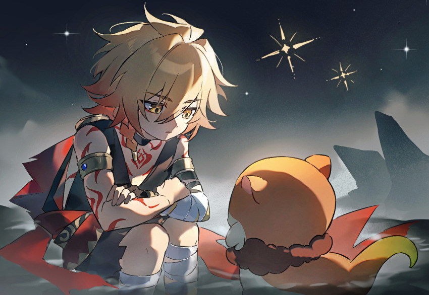 1boy arm_tattoo armlet arms_on_knees bandaged_arm bandaged_leg bandages black_choker black_shirt blonde_hair braid chest_tattoo chimera_(honkai:_star_rail) chinese_commentary choker commentary_request crossed_arms facial_tattoo gradient_hair hair_between_eyes honkai:_star_rail honkai_(series) in_water jewelry male_focus multicolored_hair mydei_(honkai:_star_rail) night night_sky osamu18568716 red_hair red_tattoo shirt side_braid sitting sky sleeveless sleeveless_shirt solo tattoo yellow_eyes