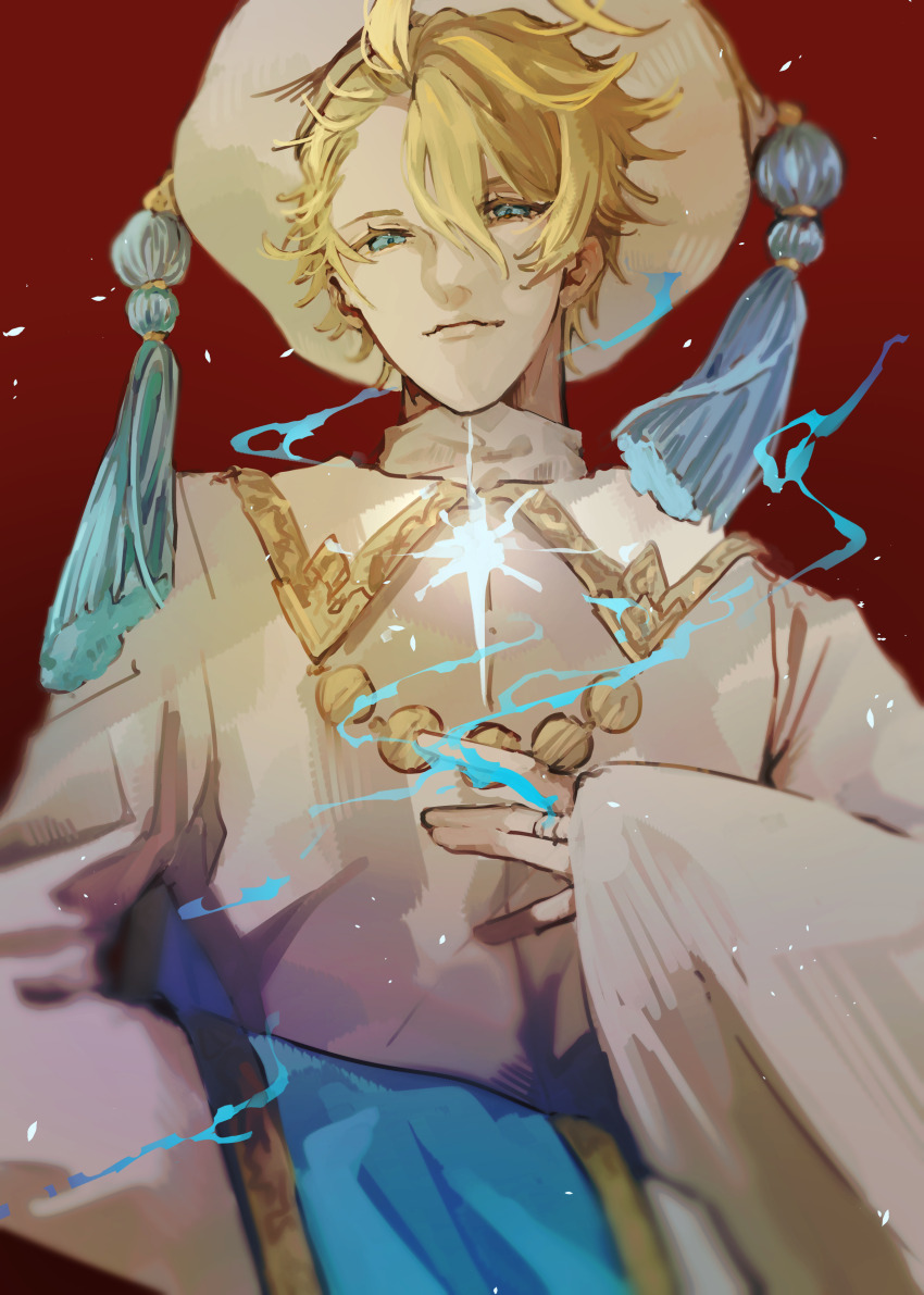 1boy absurdres ahoge aladdin_(sinoalice) alternate_costume aqua_eyes asymmetrical_bangs bad_id bad_pixiv_id beads blonde_hair cleavage_cutout closed_mouth clothing_cutout glowing hat highres jewelry looking_at_viewer male_focus red_background ring s_t_e_r_n short_hair simple_background sinoalice smile solo tassel wide_sleeves