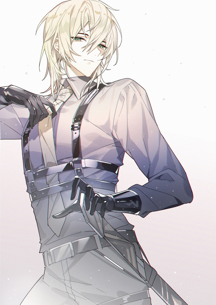 1boy absurdres adjusting_clothes adjusting_necktie alkaid_mcgrath alkaid_mcgrath_(infinite_empire) belt black_belt black_gloves black_pants blonde_hair closed_mouth collared_shirt cowboy_shot expressionless facing_to_the_side gloves green_eyes hair_between_eyes hand_on_hilt harness highres kazenemuri leather leather_gloves long_sleeves looking_at_viewer lovebrush_chronicles male_focus medium_hair necktie pants purple_shirt sheath sheathed shirt shirt_tucked_in sideways_glance simple_background solo standing sword thigh_strap weapon white_background yellow_necktie
