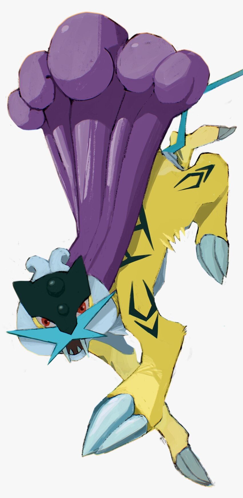 absurdres animal_focus claws fangs full_body gen_2_pokemon gogot highres legendary_pokemon looking_at_viewer nintendo no_humans open_mouth pokemon pokemon_(creature) pokemon_focus raikou red_eyes simple_background solo tusks white_background