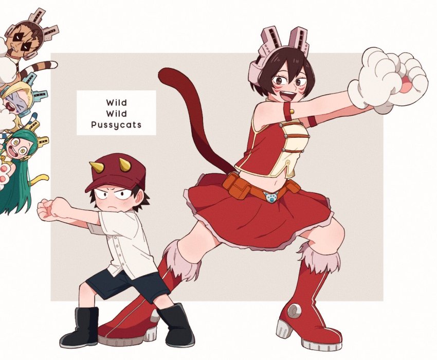 10s 2boys 3girls animal_ears animal_hands armlet bad_id bad_twitter_id bare_shoulders boku_no_hero_academia boots cat_ears cat_paws cat_tail child closed_eyes crossdressing facial_mark full_body hat high_heel_boots high_heels izumi_kota jewelry mandalay_(boku_no_hero_academia) multiple_boys multiple_girls navel peeking_out pixie-bob_(boku_no_hero_academia) ragdoll_(boku_no_hero_academia) short_sleeves shorts simple_background skirt sleeveless smile tail tiger_(boku_no_hero_academia) whisker_markings white_background