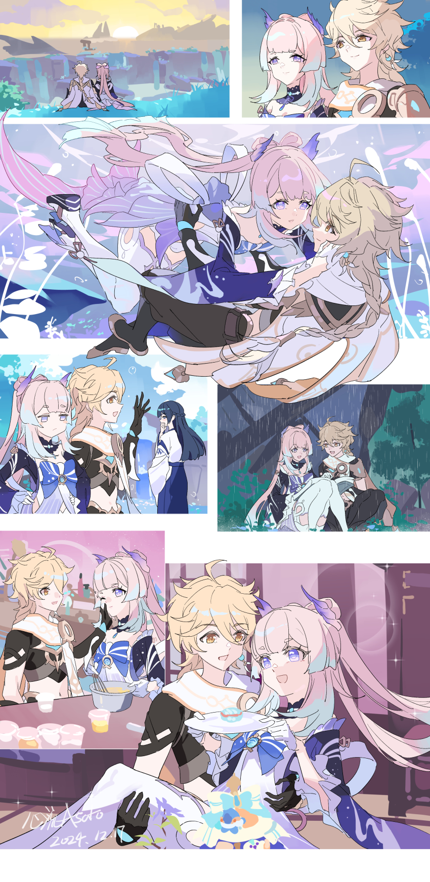 1boy 2girls absurdres aether_(genshin_impact) ahoge blonde_hair braid brown_shirt cropped_shirt detached_sleeves genshin_impact highres long_hair multiple_girls pink_hair purple_eyes ribbon sangonomiya_kokomi scarf shirt thighhighs white_scarf white_thighhighs xinliu_asato yellow_eyes