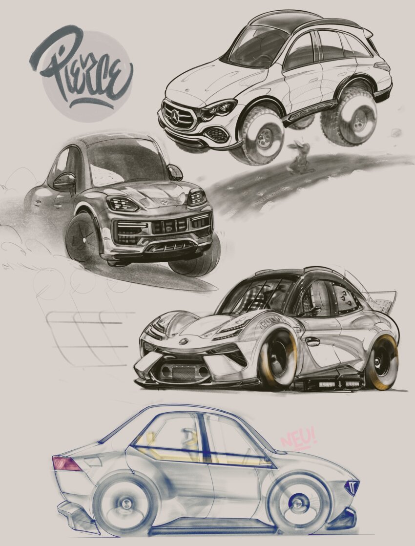 ! bmw bmw_vision_neue_klasse car commentary drifting dusk english_commentary goodyear highres lotus_(brand) lotus_envya mercedes-benz mercedes-benz_e-class motor_vehicle nascar no_humans original porsche porsche_macan rabbit race_vehicle racecar spot_color surprised vehicle_focus will_pierce
