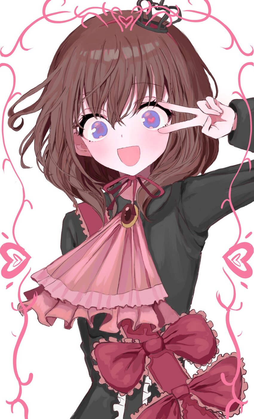 1girl :d bad_id bad_twitter_id black_dress blue_eyes bow brooch brown_hair commentary_request crown dress fuyu_(wldnrowldnro) hair_between_eyes hand_up heart heart_in_eye highres jewelry long_hair long_sleeves looking_at_viewer maria_(umineko) medium_hair mini_crown neck_ribbon official_alternate_costume open_mouth red_bow red_ribbon ribbon sash smile solo symbol_in_eye umineko_no_naku_koro_ni upper_body ushiromiya_maria v v_over_eye white_background