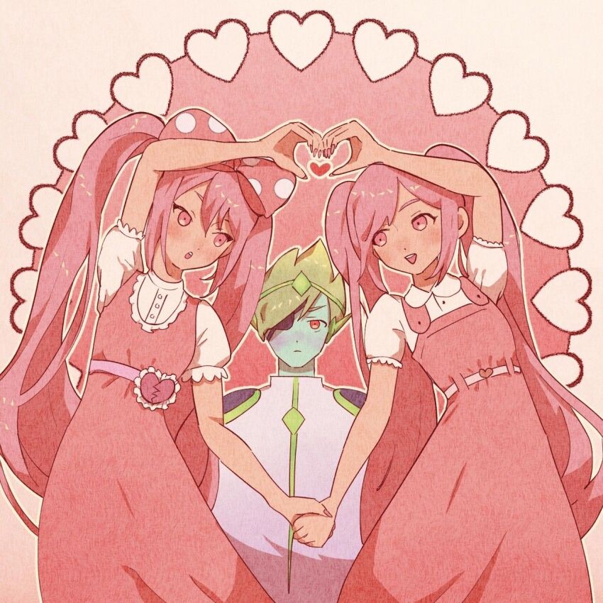 1boy 2girls artist_request bare_arms belt blue_skin bow broken_heart buttons captain_spaceboy closed_mouth colored_skin cowboy_shot dark-skinned_female dark_skin diadem dot_nose dress eyepatch fingernails frilled_dress frilled_sleeves frills green_hair hair_bow heart heart_background heart_hands heart_hands_duo highres holding_hands jacket light_blush light_frown long_dress long_hair looking_at_another multiple_girls omori open_mouth outline perfectheart_(omori) pinafore_dress pink_background pink_belt pink_bow pink_dress pink_eyes pink_hair pink_nails pink_theme polka_dot polka_dot_bow puffy_short_sleeves puffy_sleeves red_eyes short_hair short_sleeves shoulder_pads sleeveless sleeveless_dress smile source_request standing straight-on sweetheart_(omori) teeth third-party_source turtleneck turtleneck_jacket twintails upper_teeth_only very_long_hair white_jacket white_outline zipper