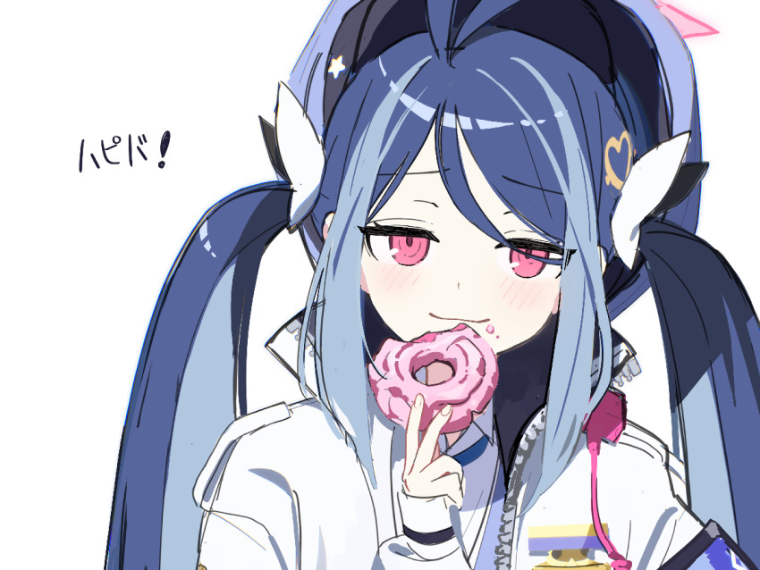 1girl blue_archive blue_hair donut food fubuki_(blue_archive) hair_ornament halo jacket mimitoke open_clothes open_jacket pink_eyes simple_background twintails white_background white_jacket