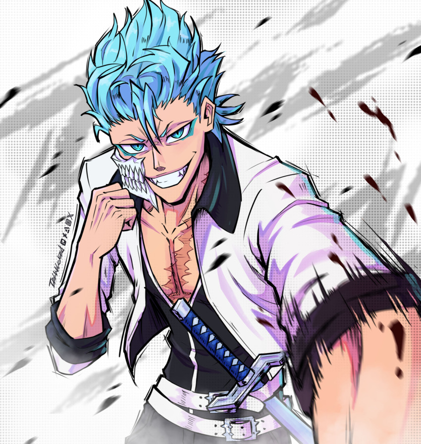 1boy absurdres arrancar artist_name belt black_pants black_shirt bleach blood blood_spray blue_eyeliner blue_eyes blue_hair broken_mask clenched_hand eyeliner fighting_stance grimmjow_jaegerjaquez hair_between_eyes highres jacket looking_at_viewer makeup male_focus mask pants punching scar scar_on_chest shirt smile smug solo sword teeth teiwicked weapon white_belt white_jacket