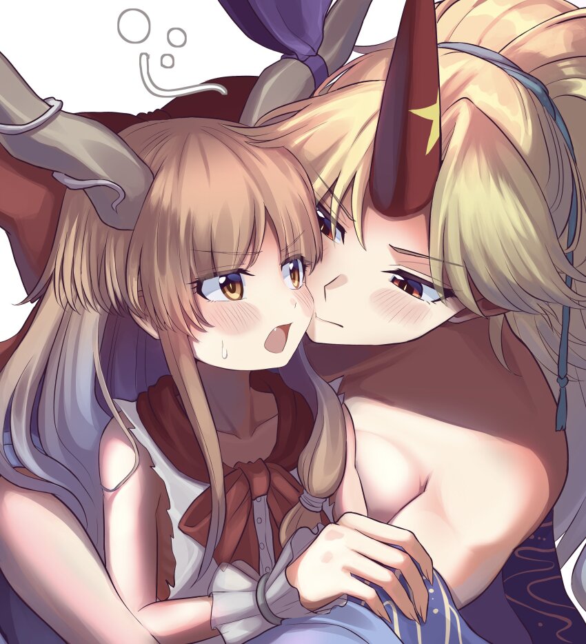 2girls absurdres blonde_hair blush elaphe_guttata6 fang highres horns hoshiguma_yuugi hoshiguma_yuugi_(kimono) hug ibuki_suika multiple_girls oni ponytail single_horn sweat touhou yuri