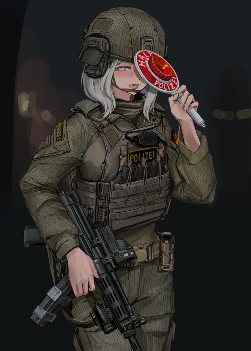 1girl absurdres ammunition_pouch assault_rifle body_armor bulletproof_vest camouflage city_lights combat_helmet covering_face east_germany embarrassed fast_helmet german_text grey_eyes gun h&amp;k_mp5 helmet highres lithographica load_bearing_vest magazine_(weapon) medium_hair military_operator night optical_sight original outdoors patch police police_uniform policewoman pouch rifle riot_police shoulder_patch shy solo submachine_gun tactical_clothes weapon white_hair