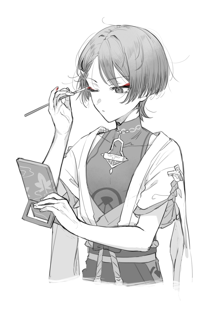 1boy applying_makeup applying_own_makeup belt blunt_ends bodysuit bow buku2_suisou closed_mouth expressionless eyeliner eyeshadow genshin_impact hair_intakes hand_mirror highres hip_vent holding holding_brush holding_mirror japanese_clothes kimono looking_at_mirror looking_at_object loose_hair_strand makeup makeup_brush male_focus mandarin_collar mirror monochrome one_eye_closed open_clothes open_hand open_kimono parted_bangs partially_colored red_eyeliner red_eyeshadow rope scaramouche_(genshin_impact) short_sleeves shoulder_peek solo tassel upper_body wanderer_(genshin_impact) white_background