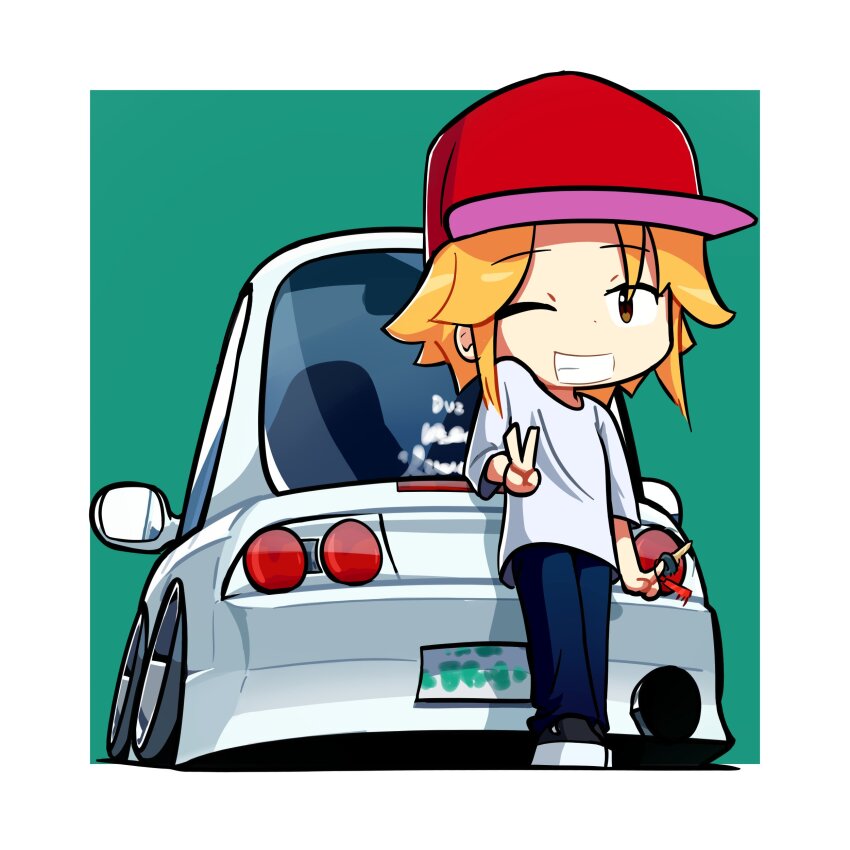 1girl absurdres baseball_cap black_shoes blonde_hair blue_pants car_keys commentary duz english_commentary furuda_keiko_(duz) green_background hat highres looking_at_viewer nissan nissan_skyline nissan_skyline_r33 one_eye_closed original pants red_hat shadow shoes short_hair smile sneakers solo stance_(vehicle) v vehicle_focus