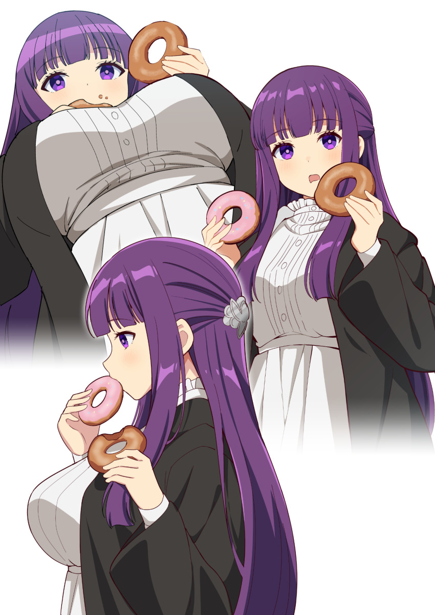 1girl black_jacket blush breasts crumbs donut dress eating fern_(sousou_no_frieren) food hair_between_eyes highres holding holding_donut holding_food jacket long_hair long_sleeves looking_at_viewer medium_breasts multiple_views open_mouth purple_eyes purple_hair sousou_no_frieren torinokawori white_background white_dress