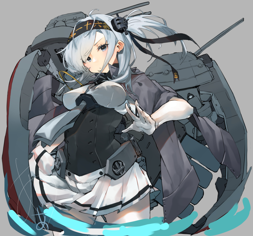 1girl anchor_symbol black_headband black_sailor_collar blue_eyes blush bodysuit breasts cape chou-10cm-hou-chan_(suzutsuki&#039;s) clothes_writing gloves grey_background grey_cape grey_eyes grey_hair hachimaki hair_between_eyes headband highres kantai_collection long_hair looking_at_viewer medium_breasts neckerchief one_side_up pleated_skirt rigging sailor_collar school_uniform serafuku ship_turret signature skirt smile solo sunday_aki suzutsuki_(kancolle) torpedo_tubes white_bodysuit white_hair white_headband white_neckerchief white_skirt