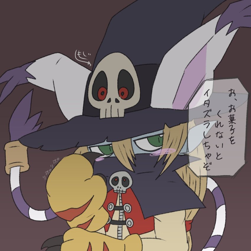 blonde_hair cosplay digimon digimon_(creature) highres holy_ring long_hair skull solo tailmon translation_request wizarmon wizarmon_(cosplay)