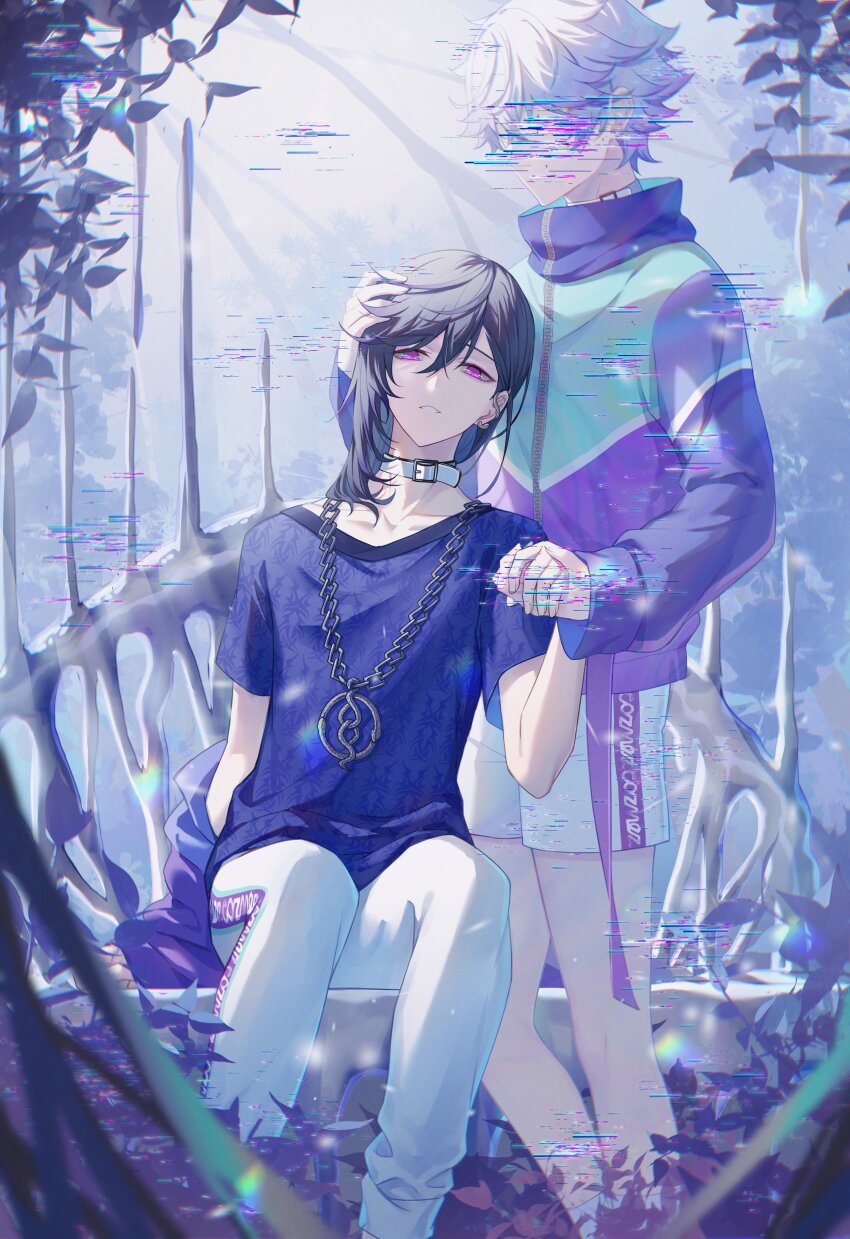2boys absurdres black_hair brothers chain chain_necklace choker cozmez_(paradox_live) glitch hao_lei_a highres holding_hands jewelry male_focus medium_hair multicolored_hair multiple_boys necklace paradox_live phantometal_(paradox_live) purple_hair short_hair siblings sitting twins white_choker yatonokami_kanata yatonokami_nayuta