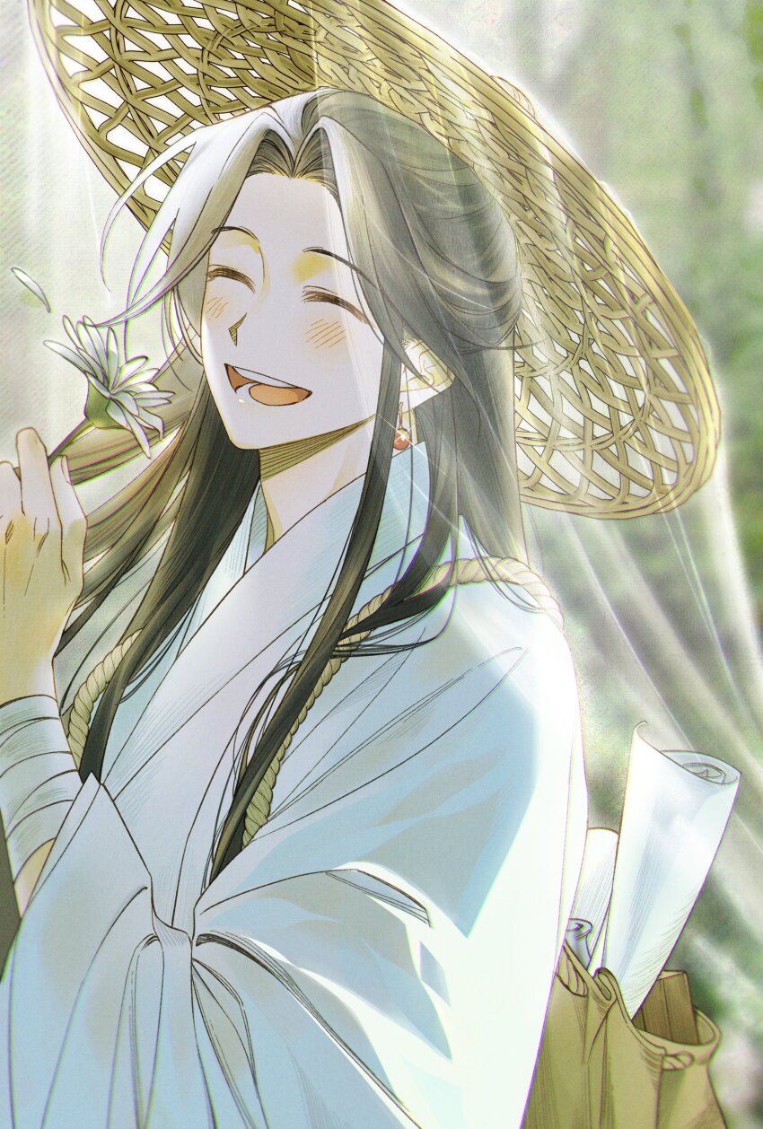 1boy ^_^ absurdres backlighting bag bandaged_wrist bandages bishounen blurry blurry_background bottle brown_bag brown_hair chinese_clothes chromatic_aberration closed_eyes curtained_hair day drawstring drawstring_bag e_su_m earrings facing_viewer falling_petals fingernails flower forest glint hair_over_shoulder hand_up hanfu happy hat highres holding holding_flower jewelry laughing light_blush long_hair long_sidelocks male_focus nature open_mouth outdoors parted_bangs pearl_earrings petals rice_hat scroll see-through_clothes see-through_veil sidelocks straight_hair sunlight teeth three_quarter_view tianguan_cifu upper_body veil very_long_hair white_flower white_hanfu white_petals wide_sleeves wispy_bangs xie_lian