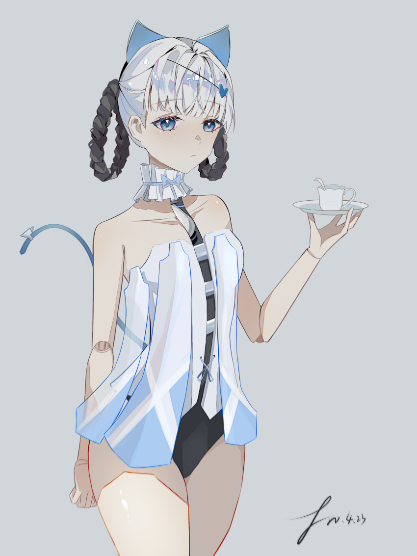 1girl absurdres animal_ears bambinata:_vitrum_(pgr) bambinata_(pgr) black_hair blue_eyes braid braided_hair_rings cat_ears cat_tail choker doll_joints fake_animal_ears francis_cairo frilled_choker frills grey_background hair_ornament hair_rings heart heart-shaped_pupils heart_hair_ornament highres joints leotard mechabare mechanical_arms multicolored_hair punishing:_gray_raven solo symbol-shaped_pupils tail two-tone_hair white_choker white_hair