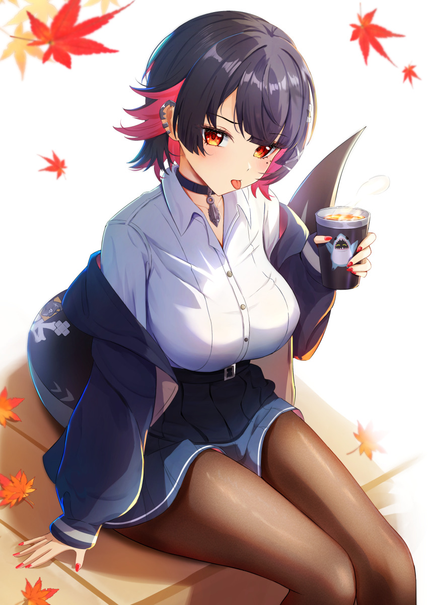 1girl absurdres alternate_breast_size_(larger) belted_skirt black_hair blue_jacket blue_skirt breasts brown_pantyhose colored_inner_hair commentary_request drink earclip ellen_joe ellen_joe_(on_campus) fingernails fins fish_tail gao_kawa highres holding holding_drink jacket large_breasts leaf looking_at_viewer maple_leaf mole mole_under_eye multicolored_hair official_alternate_costume outdoors pantyhose pendant_choker razor_blade_hair_ornament red_eyes red_nails scar scar_on_tail shark_girl shark_tail shirt short_hair sitting skirt solo steam tail tongue tongue_out white_background white_shirt zenless_zone_zero