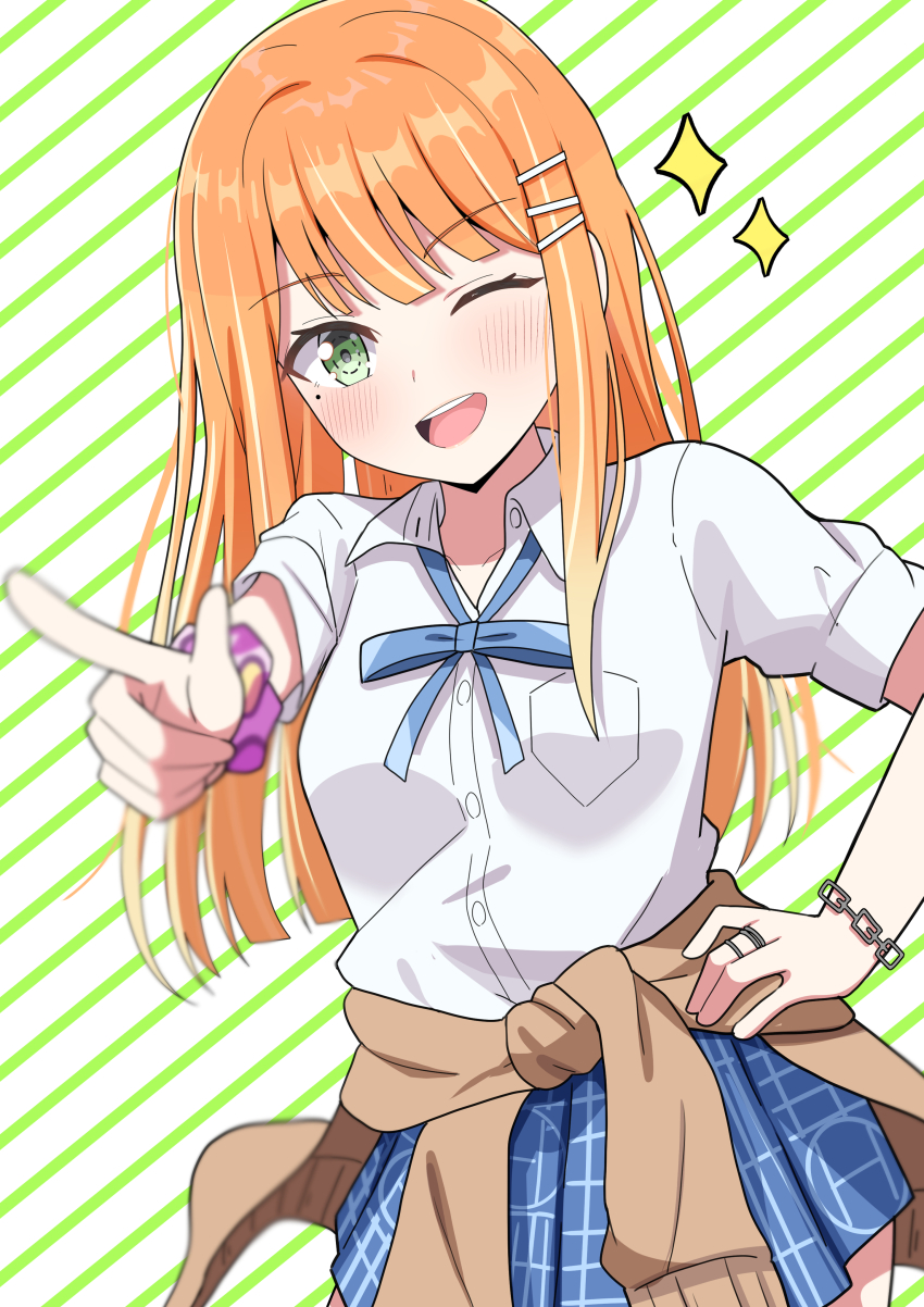 1girl ;d absurdres blue_skirt blunt_bangs blurry blurry_foreground bracelet breast_pocket brown_sweater clothes_around_waist collared_shirt dress_shirt gakuen_idolmaster green_eyes hair_ornament hairclip hand_on_own_hip highres hosinonana idolmaster index_finger_raised jewelry long_hair looking_at_viewer miniskirt mole mole_under_eye one_eye_closed open_mouth orange_hair pink_scrunchie plaid_clothes plaid_skirt pleated_skirt pocket ring school_uniform scrunchie shirt shiun_sumika short_sleeves skirt smile solo standing straight_hair striped_background sweater sweater_around_waist white_shirt wing_collar wrist_scrunchie