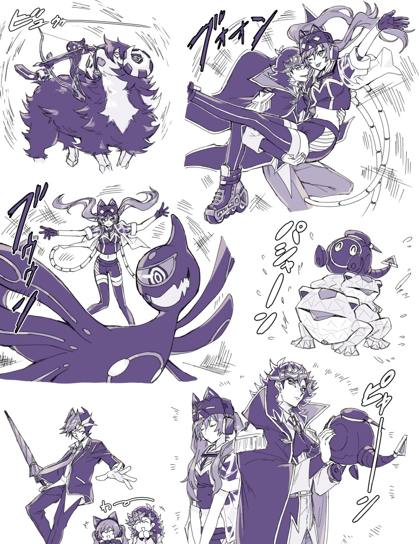 1girl 2boys :q accesscode_talker accesscode_talker_(cosplay) ai_(yu-gi-oh!) animal_ears apollousa_bow_of_the_goddess apollousa_bow_of_the_goddess_(cosplay) carrying commentary_request cosplay creature danmari_@ignister duel_monster el_shaddoll_winda el_shaddoll_winda_(cosplay) evil_twin_ki-sikil evil_twin_ki-sikil_&amp;_lil-la evil_twin_ki-sikil_&amp;_lil-la_(cosplay) evil_twin_lil-la fake_animal_ears fujiki_yusaku gloves highres holding holding_umbrella i:p_masquerena isolde_two_tales_of_the_noble_knights isolde_two_tales_of_the_noble_knights_(cosplay) ki-sikil_(yu-gi-oh!) lil-la_(yu-gi-oh!) linkuriboh multiple_boys one_eye_closed princess_carry roller_skates rom_cloudia sheep skates sosamoto_(tvny2528) spiked_hair texchanger toadally_awesome toadally_awesome_(cosplay) tongue tongue_out twintails umbrella winda_(yu-gi-oh!) yu-gi-oh! yu-gi-oh!_vrains