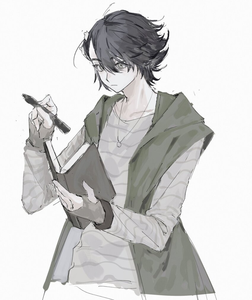 0e0n0_2 1boy black_hair book closed_mouth fingerless_gloves gloves hair_between_eyes highres holding holding_pen kamen_rider kamen_rider_w male_focus pen philip_(kamen_rider) shirt simple_background solo striped_clothes striped_shirt vest white_background