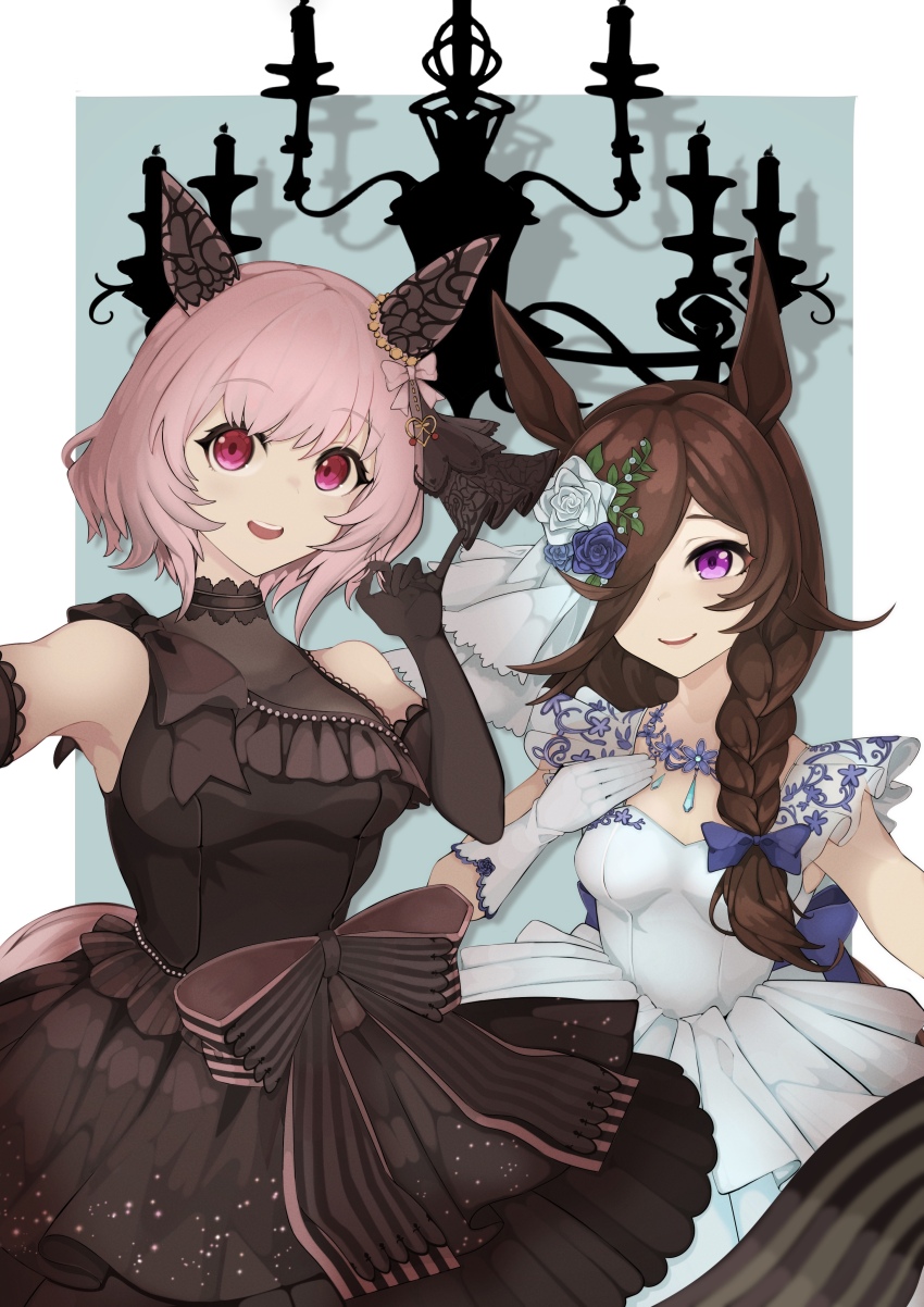 2girls :d absurdres animal_ears bare_shoulders black_dress black_gloves blue_flower blue_rose border bow brown_hair curren_chan_(sakutsuki_ma_cherie)_(umamusume) curren_chan_(umamusume) dress dress_bow ear_covers elbow_gloves flower gloves hair_over_one_eye hand_on_own_chest highres horse_ears horse_girl konpota_(kon_potamk2) long_hair multiple_girls official_alternate_costume open_mouth pink_eyes pink_hair purple_eyes rice_shower_(longed-for_scenery)_(umamusume) rice_shower_(umamusume) rose sleeveless sleeveless_dress smile umamusume wedding_dress white_border white_gloves