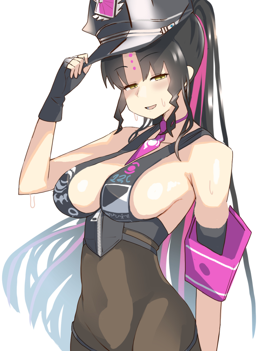 1girl bare_shoulders bikini black_bikini black_gloves black_hair black_hat black_pantyhose blush breasts cleavage covered_navel facial_mark fate/grand_order fate_(series) fingerless_gloves forehead_mark gloves halterneck hat highres large_breasts long_hair looking_at_viewer multicolored_hair necktie open_mouth pantyhose parted_bangs pink_hair police_hat ponytail sessyoin_kiara sessyoin_kiara_(swimsuit_mooncancer)_(second_ascension) sideboob smile solo streaked_hair swimsuit user_fkzw8222 very_long_hair yellow_eyes zipper