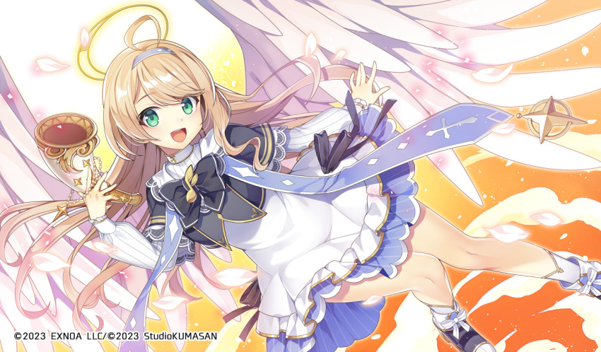 1girl :d ahoge angel angel_wings apron azma_(mitch55) beads black_bow black_bowtie black_ribbon black_shirt blonde_hair bloom blue_skirt boots bow bowtie cloud collar company_name copyright_notice cropped_shirt cross curly_hair diamond_(shape) dress dress_ribbon falling_petals flat_chest flying footwear_bow frilled_dress frilled_sleeves frills gold_trim green_eyes hairband halo hand_up holding holding_instrument instrument knees_together_feet_apart lace lace-trimmed_shirt lace_trim layered_clothes light long_hair long_sleeves looking_at_viewer luriel_(twinkle_star_knights) musical_note official_art olifant_(instrument) open_mouth petals pinstripe_pattern ribbon rosary scapular shirt short_sleeves silver_hairband sixteenth_note skirt smile socks solo stole striped swept_bangs teeth thighs twinkle_star_knights upper_teeth_only white_bow white_dress wings