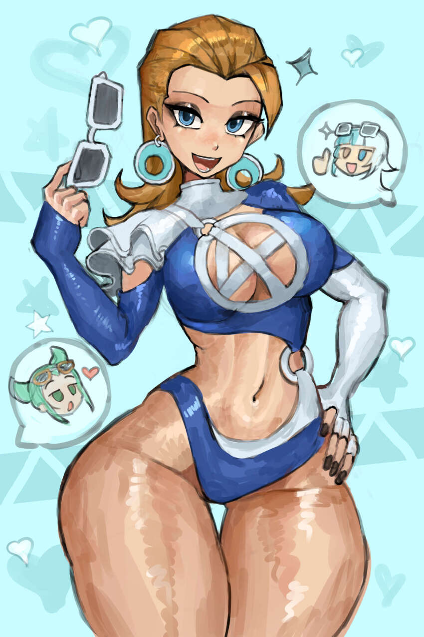blonde_hair blue_eyes breasts cleavage cleavage_cutout clothing_cutout earrings fantastic_four guardians_of_the_galaxy highres jewelry large_breasts long_hair looking_at_viewer luna_snow luna_snow_(cool_summer) mantis_(marvel) mantis_(oceanic_harmony)_(marvel) marvel marvel_rivals navel official_alternate_costume one-piece_swimsuit saiykik smile sue_storm sue_storm_(azure_shade) sunglasses swimsuit