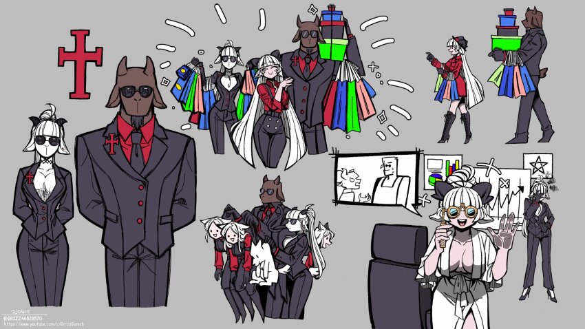 1boy 2girls animal_ears bad_tag black_horns bodysuit breasts cerberus_(helltaker) concept_art demon_girl demon_horns demon_tail everyone formal_clothes furry glasses goat_bodyguard_(grizz) goat_boy goat_ears goat_girl goat_horns goat_tail grey_background greyscale grizz hair_bun helltaker helltaker_(character) highres holding horns large_breasts lineart long_hair looking_at_viewer lucifer_(helltaker) monochrome multiple_girls necktie original parody personification ponytail red_shirt reference_sheet shirt simple_background sketch standing style_parody suit sunglasses tail vanripper_(style) white_hair